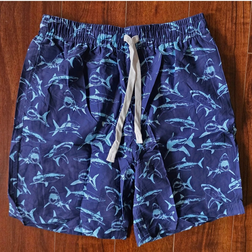 Boys Navy Blue Shark Print Swim Trunks Mesh Lined Board Shorts Size 14